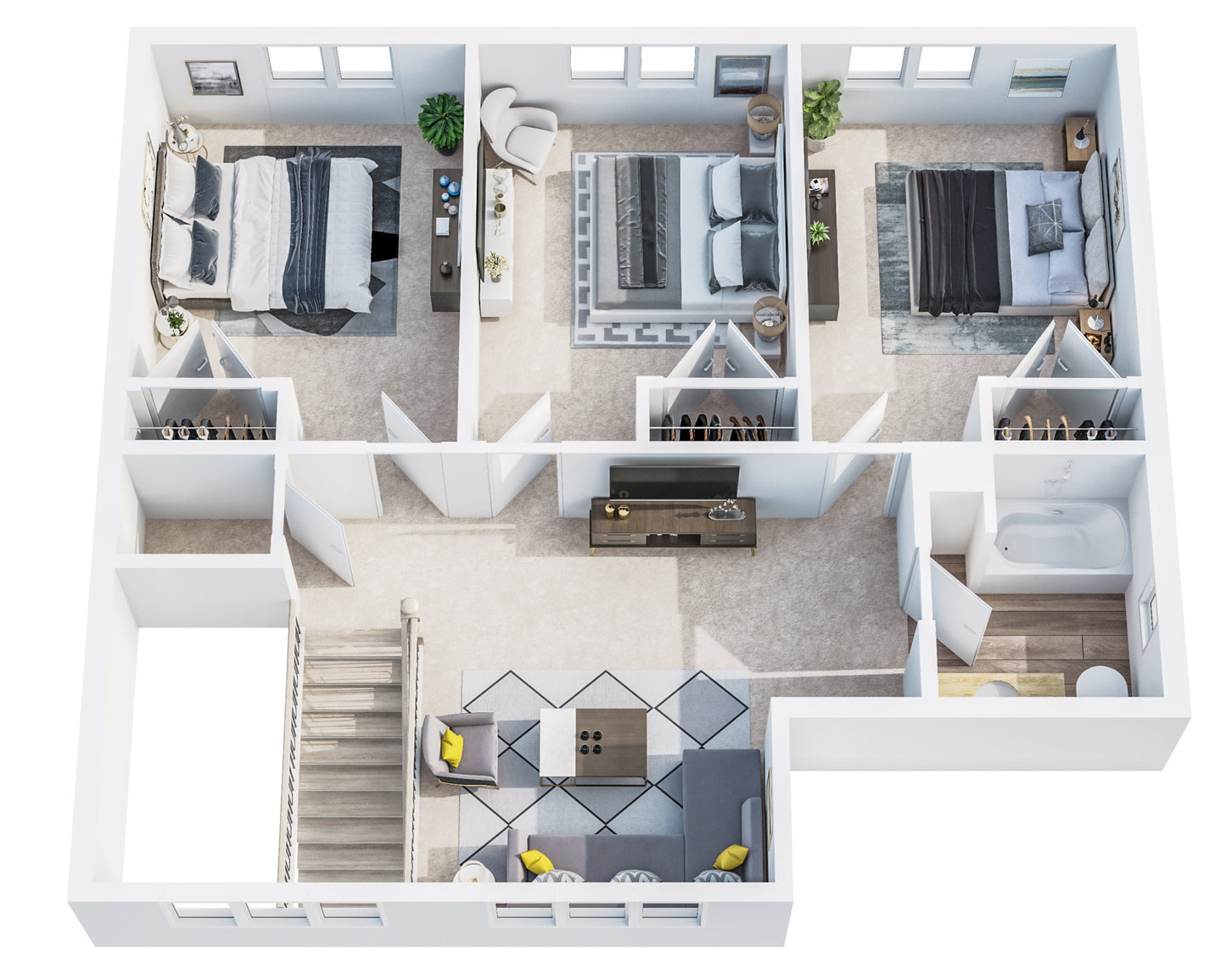 3D Floor Plan Rendering with Walls and windows displayed