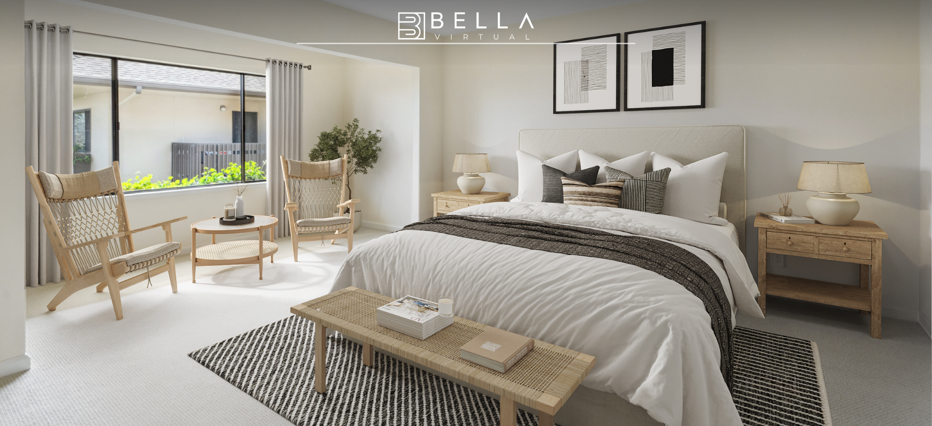 Virtually staged primary bedroom, country side, Bella virtual staging