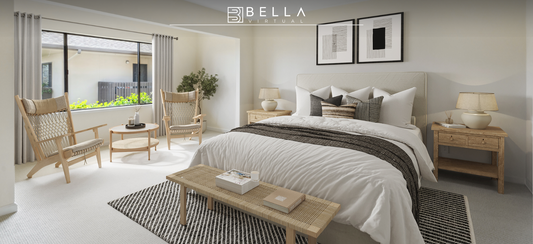 Virtually staged primary bedroom, country side, Bella virtual staging