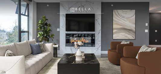 Modern, virtually staged living room with built in marble fire place