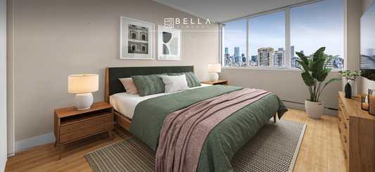 Modern, virtually staged bedroom, city views, Bella virtual staging