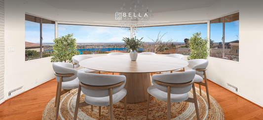 Modern, virtually staged dining room with panorama lake view, Bella virtual staging