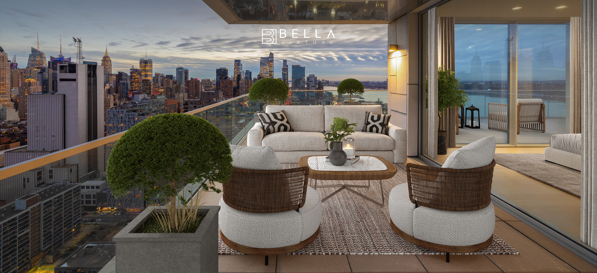 Modern, virtually staged New York Manhattan Apartment spacious terrace, city views. Done by Bella virtual staging