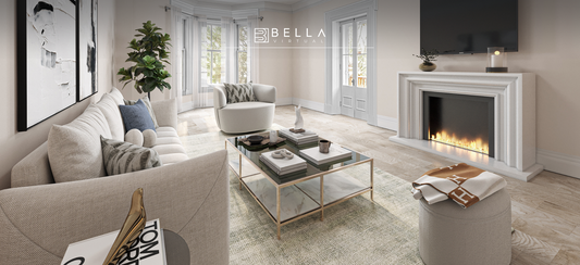 Modern virtually renovated and virtually staged large living room with walls virtually painted in white and built in fire place, Done by Bella virtual staging