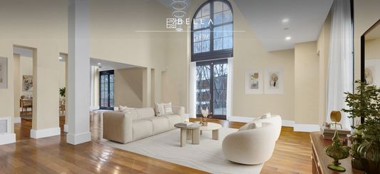 Modern, virtually staged staged large living room with double ceilings, done by Bella virtual staging
