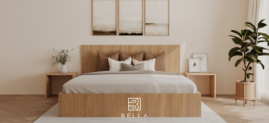 Custom 3D render of a Scandinavian bedroom with light wood bed, linen bedding, black sconces, and soft natural daylight - header image