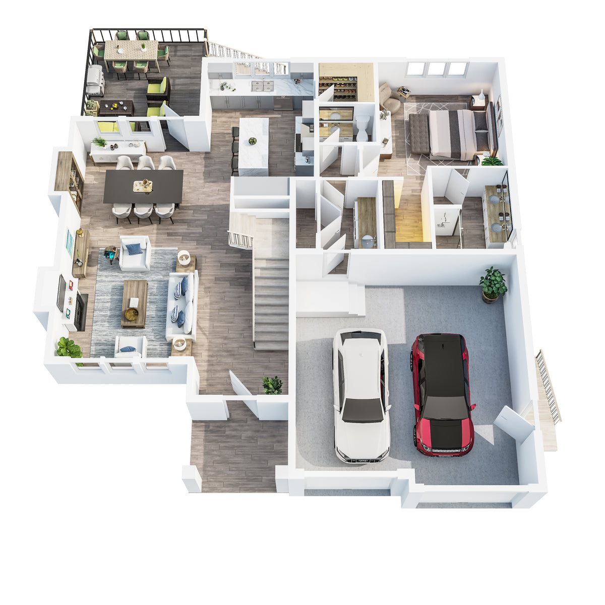 3D floor plan rendering. Full colour and perspective elements