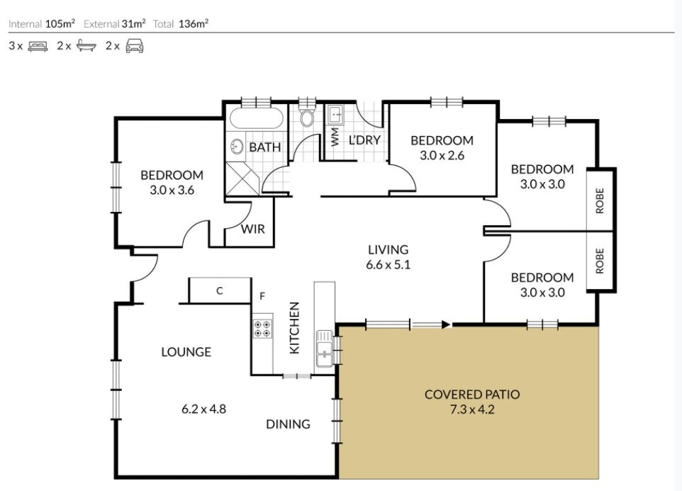 2D Digital Floor Plan Rendering - 3Bedroom, 2 Bath